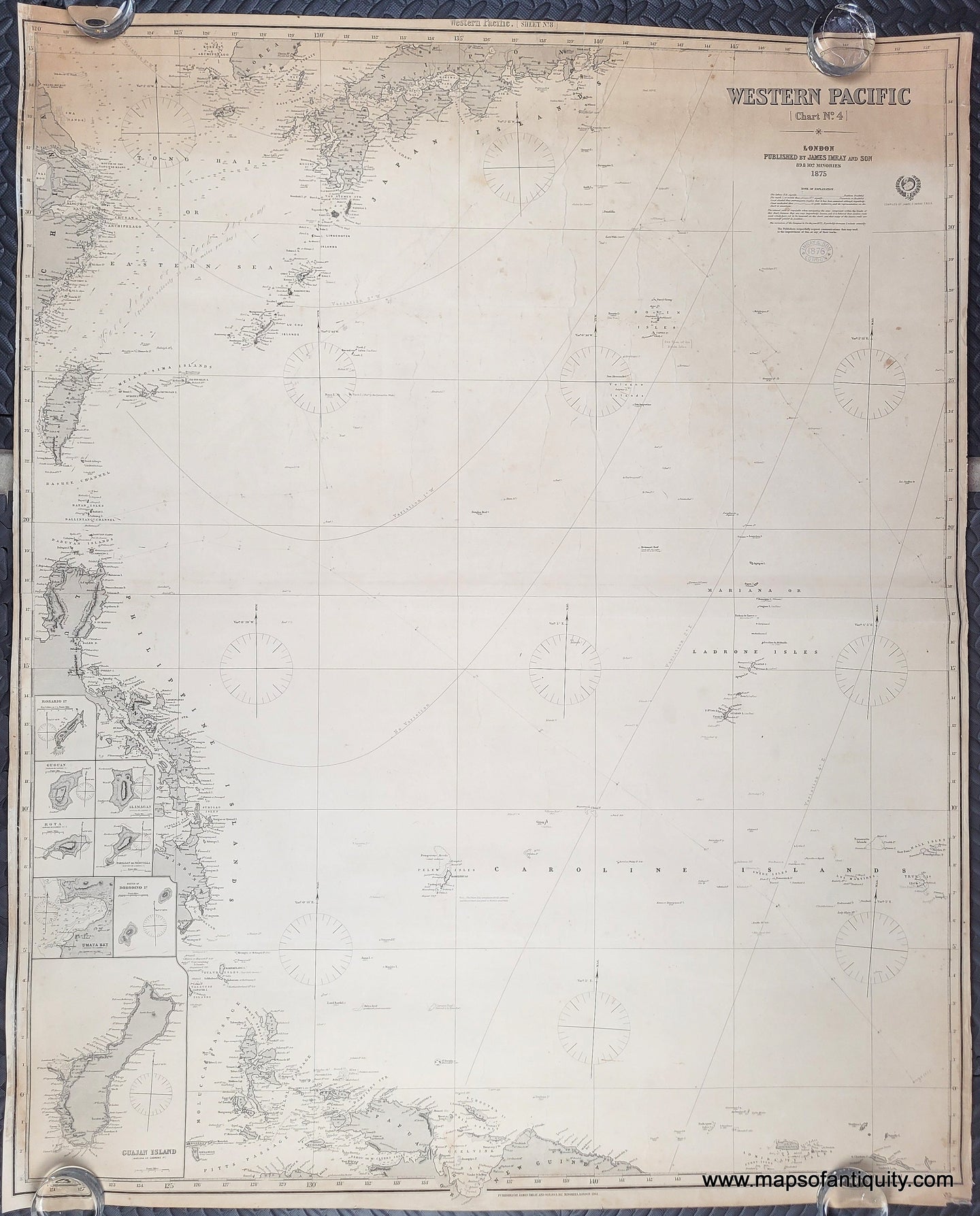 Antique sailing chart of the Western Pacific south of Japan topography and plotting.  Genuine-Antique-Chart-Western-Pacific-Chart-No-4--1875-1876-James-Imray-Son-Maps-Of-Antiquity