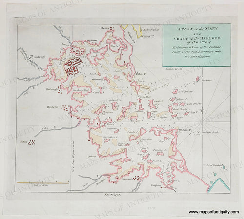 Vibrant color. Pink, red, yellow, green. Genuine-Antique-Map-A-Plan-of-the-Town-and-Chart-of-the-Harbour-of-Boston-Exhibiting-a-View-of-the-Islands-Castle-Forts-and-Entrances-into-the-said-Harbour-1775-Gentlemans-Magazine-Maps-Of-Antiquity 