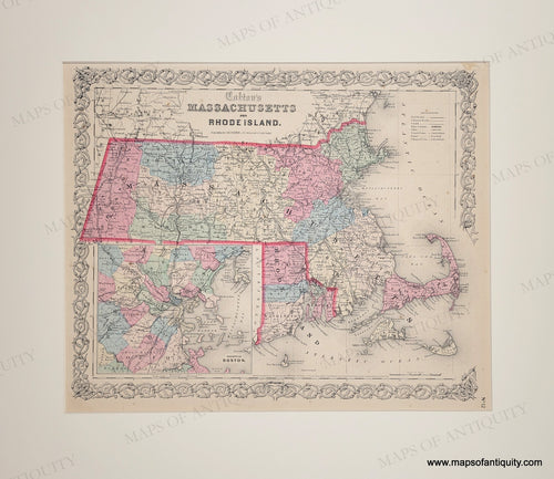 Antique map of Massachusetts and Rhode Island in original colors of pink, yellow, orange, blue, green with decorative border. Inset map of Boston Harbor. Genuine-Antique-Map-Massachusetts-and-Rhode-Island-1861-Colton-Maps-Of-Antiquity
