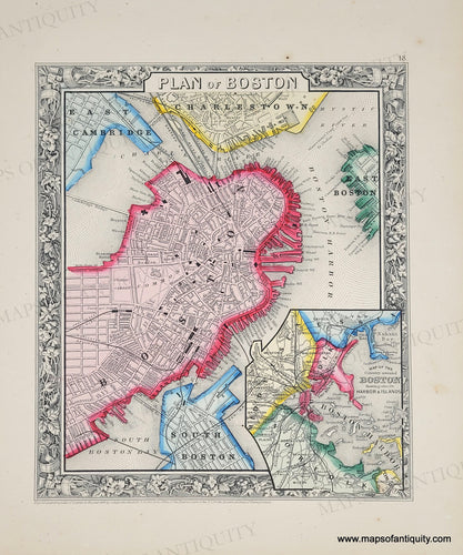 Antique map of Boston with colorful districts on a tanned paper, vibrant original colors of pink, yellow, green, blue.