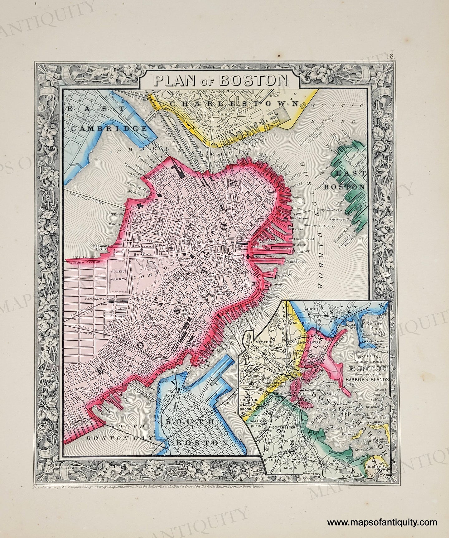 Antique map of Boston with colorful districts on a tanned paper, vibrant original colors of pink, yellow, green, blue.
