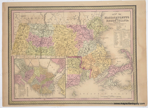 Antique Map with original hand-coloring in tones of green, blue, yellow, peach, and pink. 
Antique-Hand-Colored-Map-Map-of-Massachusetts-and-Rhode-Island-United-States-Northeast-1850-Cowperthwait-Maps-Of-Antiquity