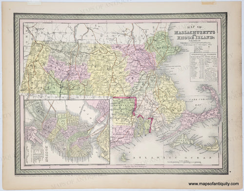 Antique Map with original hand-coloring in tones of green, blue, yellow, peach, and pink. 
Antique-Hand-Colored-Map-Map-of-Massachusetts-and-Rhode-Island-United-States-Northeast-1854-Cowperthwait-Maps-Of-Antiquity
