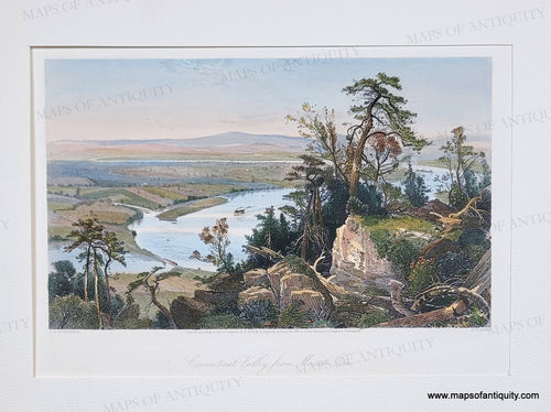 Landscape with a river and trees on a white background. View of the valley of the Connecticut River from Mount Tom in Hampshire County, Massachusetts