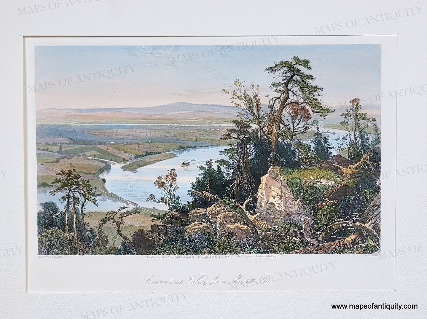 Landscape with a river and trees on a white background. View of the valley of the Connecticut River from Mount Tom in Hampshire County, Massachusetts