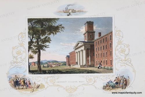 Antique illustration of a buildings at Amherst College in Massachusetts, trees, and people with vignettes