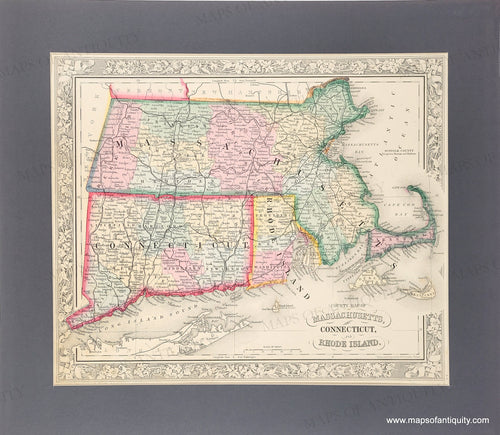 Antique map of Massachusetts, Connecticut, and Rhode Island with a gray mat. Vibrant original hand-coloring in tones of green, yellow, pink, blue. Antique-County-Map-of-Massachusetts-Connecticut-and-Rhode-Island-Mitchell-1862