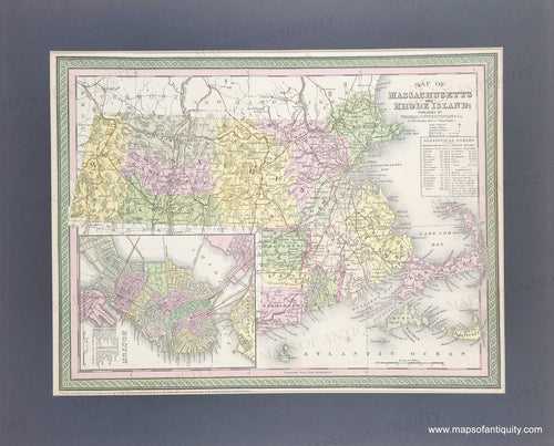 Antique Map with original hand-coloring in vintage tones of green, yellow, orange, and pink. Matted with a dark mat.
Antique-Hand-Colored-Map-Map-of-Massachusetts-and-Rhode-Island-United-States-Northeast-1855-Cowperthwait-Maps-Of-Antiquity