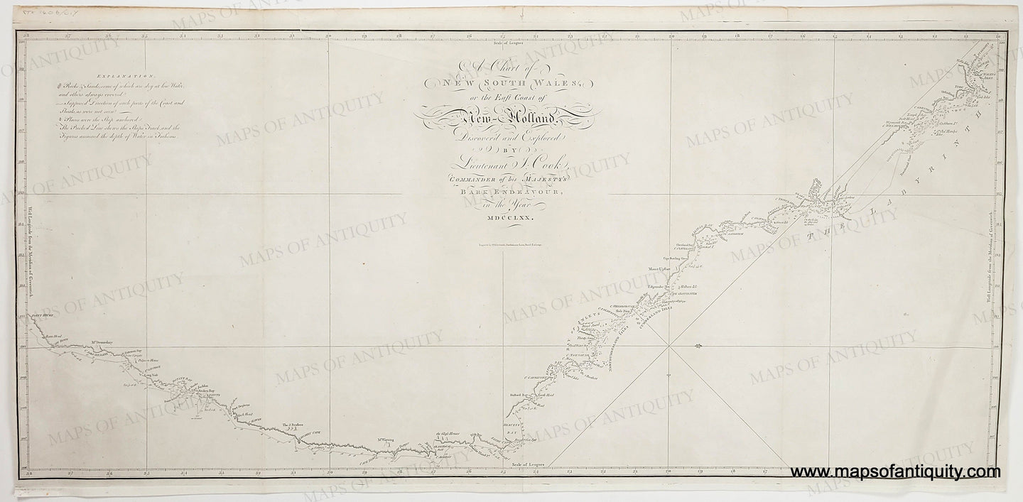 Genuine-Antique-Chart-Australia---A-Chart-of-New-South-Wales-or-the-East-Coast-of-New-Holland-discovered-and-explored-by-Lieutenant-J-Cook-Commander-of-His-Majestys-Barque-Endeavour-in-the-year-MDCCLXX-1773-W-Whitchurch-Maps-Of-Antiquity