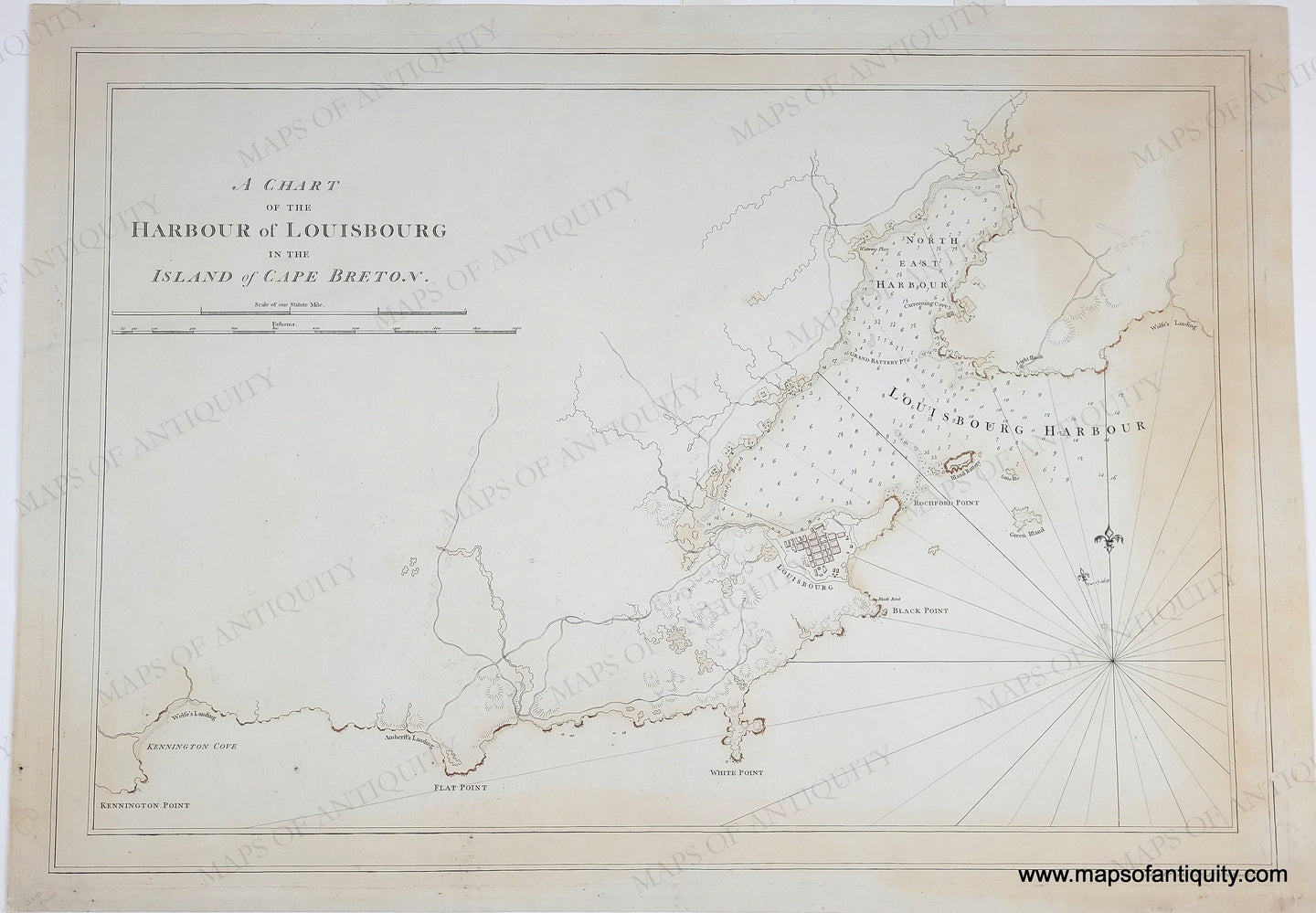 Genuine-Antique-Chart-A-Chart-of-the-Harbour-of-Louisbourg-in-the-Island-of-Cape-Breton-1781-Joseph-Frederick-Wallet-Des-Barres-Maps-Of-Antiquity