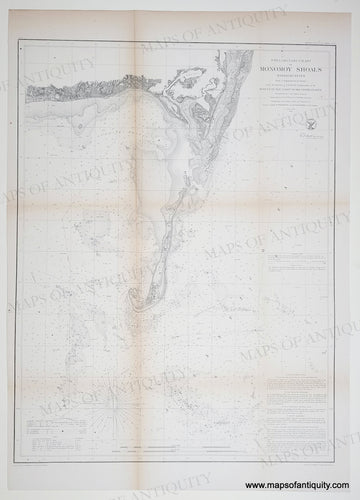 Black and white chart  that shows the coast of Chatham, MA as well as Harwich, with some detail of topography along the coast and water depths in the ocean. Shows Monomoy as it was in 1856 (it has changed many times over the years due to coastal erosion and changes)