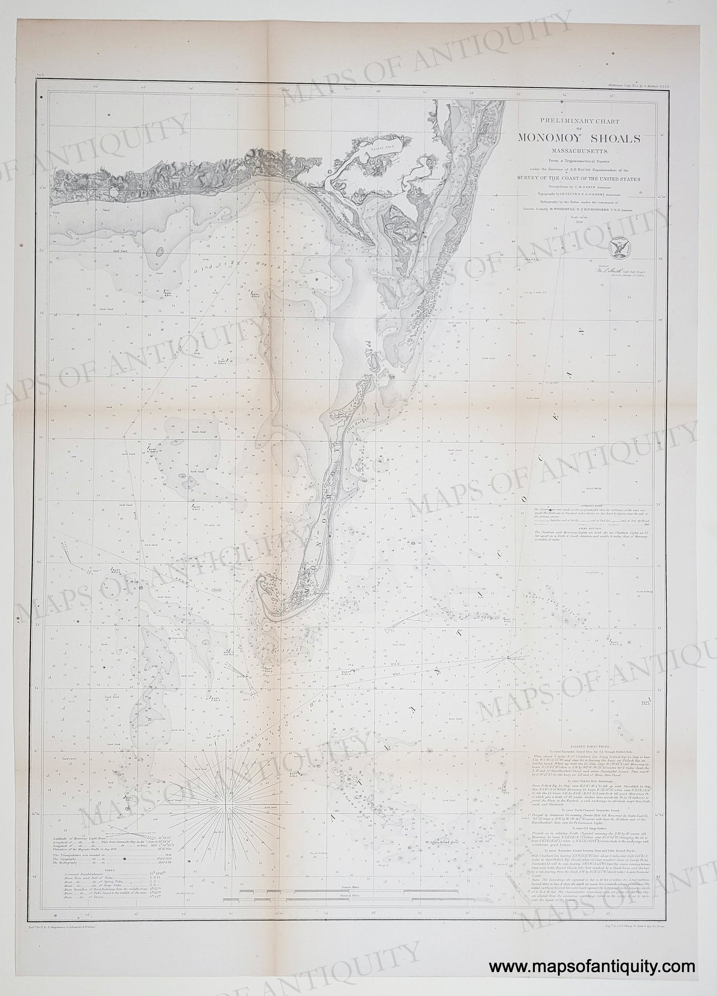 Black and white chart  that shows the coast of Chatham, MA as well as Harwich, with some detail of topography along the coast and water depths in the ocean. Shows Monomoy as it was in 1856 (it has changed many times over the years due to coastal erosion and changes)