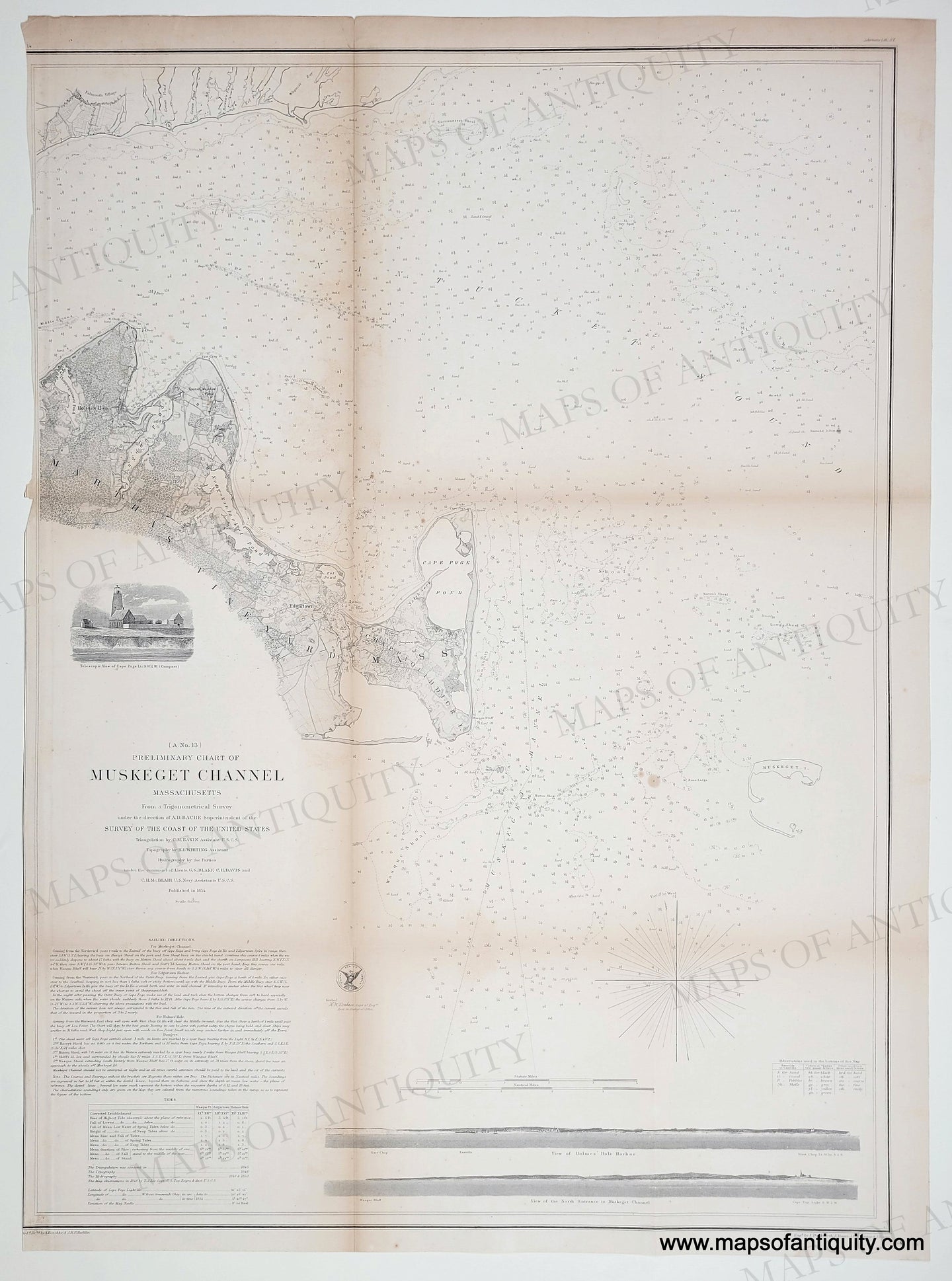 Antique map of Muskeget Channel Martha's Vineyard, MA, with text and illustrations on a white background.