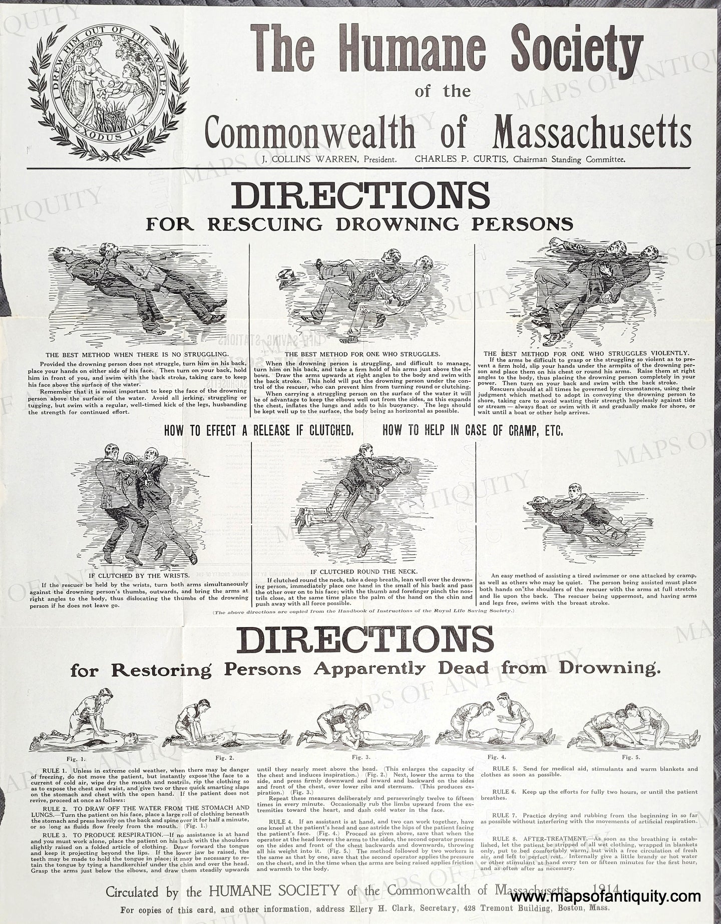 Historical document from The Humane Society of the Commonwealth of Massachusetts on rescuing and restoring persons from drowning.