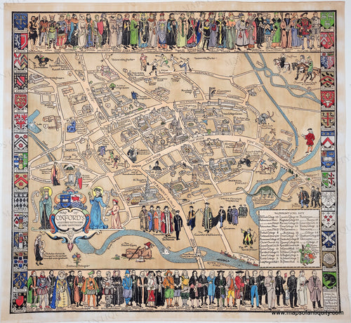 Genuine-Antique-Map-Map-of Oxfords-History-With-some-of-its-Worthies-1934-Cecile-Peele-Maps-Of-Antiquity