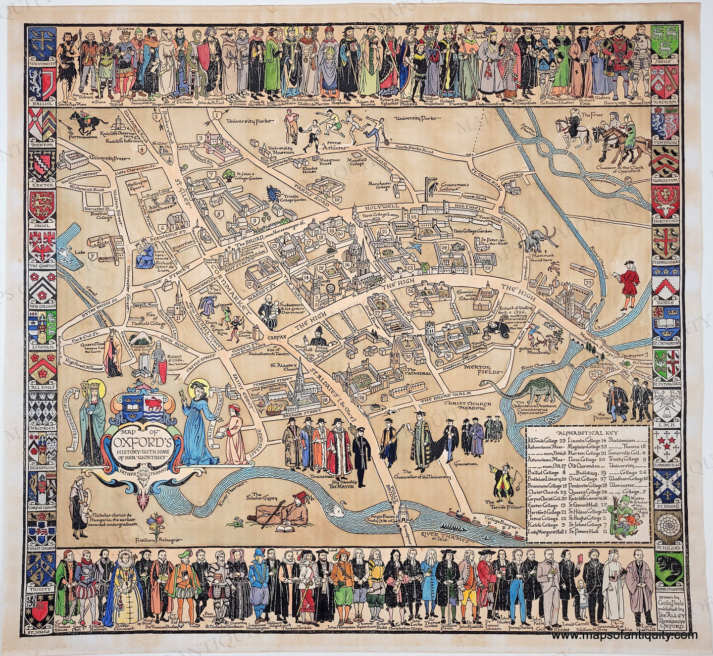 Genuine-Antique-Map-Map-of Oxfords-History-With-some-of-its-Worthies-1934-Cecile-Peele-Maps-Of-Antiquity