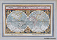 Load image into Gallery viewer, Framed antique world map with decorative border with light blue mat and gold frame. Map is colored in a variety of shades. Genuine-Antique-Map-World-Orbis-Terrae-Compendiosa-Descriptio-1596-Mercator-Porro-Magini-Maps-Of-Antiquity
