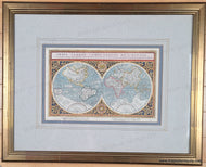 Framed antique world map with decorative border with light blue mat and gold frame. Map is colored in a variety of shades. Genuine-Antique-Map-World-Orbis-Terrae-Compendiosa-Descriptio-1596-Mercator-Porro-Magini-Maps-Of-Antiquity