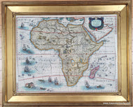 Antique early map of Africa framed in gold. Vibrant coloring in a variety of shades. Genuine-Antique-Map-Africa-Africae-nova-tabula-1631-c-1640--Hondius-Maps-Of-Antiquity