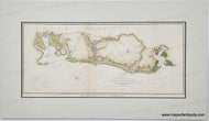 Old map of the coast of South Carolina on a white background with green color and some brick color near the city.