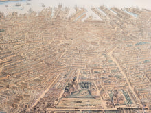 Load image into Gallery viewer, Framed rare map of boston, massachusetts, from a bird's eye view looking east over the city and harbor, framed in gold. beautiful subtle original color in warm brown tan for the buildings, green for the parks, blue in the water. Antique old original map by Nutting, Mayer, Russell 1866
