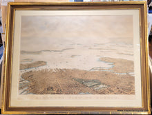 Load image into Gallery viewer, Framed rare map of boston, massachusetts, from a bird's eye view looking east over the city and harbor, framed in gold. beautiful subtle original color in warm brown tan for the buildings, green for the parks, blue in the water. Antique old original map by Nutting, Mayer, Russell 1866. Genuine-Antique-Map-Framed-Birds-Eye-View-of-Boston-1886-Nutting-Mayer-Russell-Maps-Of-Antiquity
