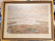 Framed rare map of boston, massachusetts, from a bird's eye view looking east over the city and harbor, framed in gold. beautiful subtle original color in warm brown tan for the buildings, green for the parks, blue in the water. Antique old original map by Nutting, Mayer, Russell 1866. Genuine-Antique-Map-Framed-Birds-Eye-View-of-Boston-1886-Nutting-Mayer-Russell-Maps-Of-Antiquity