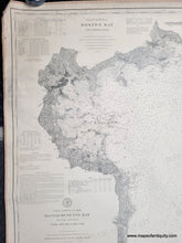 Load image into Gallery viewer, Close up of An antique nautical sailing chart vertical in black and white showing Massachusetts Bay with coastal detail, water depths, and informational text about sailing.
