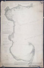 Load image into Gallery viewer, An antique nautical sailing chart vertical in black and white showing Massachusetts Bay with coastal detail, water depths, and informational text about sailing.
