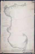 An antique nautical sailing chart vertical in black and white showing Massachusetts Bay with coastal detail, water depths, and informational text about sailing.