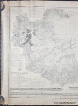 Load image into Gallery viewer, close up of A black and white antique nautical map of Boston Harbor, printed on aged beige paper with fine gray cartographic details of the land, sailing directions, water depths. red dots indicate lighthouses, light buoys. horizontal sailing chart.
