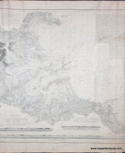 Load image into Gallery viewer, close up of A black and white antique nautical map of Boston Harbor, printed on aged beige paper with fine gray cartographic details of the land, sailing directions, water depths. red dots indicate lighthouses, light buoys. horizontal sailing chart.
