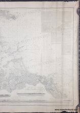 Load image into Gallery viewer, close up of A black and white antique nautical map of Boston Harbor, printed on aged beige paper with fine gray cartographic details of the land, sailing directions, water depths. red dots indicate lighthouses, light buoys. horizontal sailing chart.
