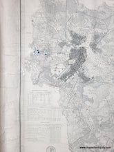 Load image into Gallery viewer, close up of A black and white antique nautical map of Boston Harbor, printed on aged beige paper with fine gray cartographic details of the land, sailing directions, water depths. red dots indicate lighthouses, light buoys. horizontal sailing chart.
