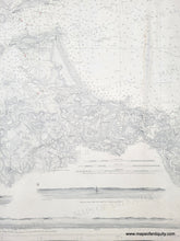 Load image into Gallery viewer, close up of A black and white antique nautical map of Boston Harbor, printed on aged beige paper with fine gray cartographic details of the land, sailing directions, water depths. red dots indicate lighthouses, light buoys. horizontal sailing chart.
