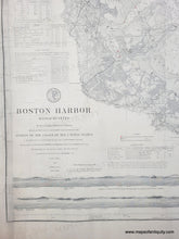 Load image into Gallery viewer, close up of A black and white antique nautical map of Boston Harbor, printed on aged beige paper with fine gray cartographic details of the land, sailing directions, water depths. red dots indicate lighthouses, light buoys. horizontal sailing chart.
