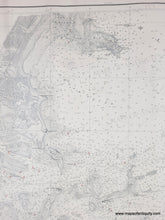 Load image into Gallery viewer, close up of A black and white antique nautical map of Boston Harbor, printed on aged beige paper with fine gray cartographic details of the land, sailing directions, water depths. red dots indicate lighthouses, light buoys. horizontal sailing chart.
