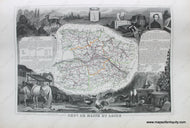 Antique map of the Maine-et-Loire Department of France featuring a map with line coloring at the center surrounded by gorgeous illustrations of notable animals, industries, and people of the region along with some information and statistics.