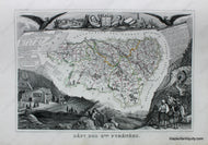 Antique map of the Pyrenees-Atlantiques Department of France featuring a map with line coloring at the center surrounded by gorgeous illustrations of notable animals, industries, and people of the region along with some information and statistics. It has a sophisticated aesthetic.