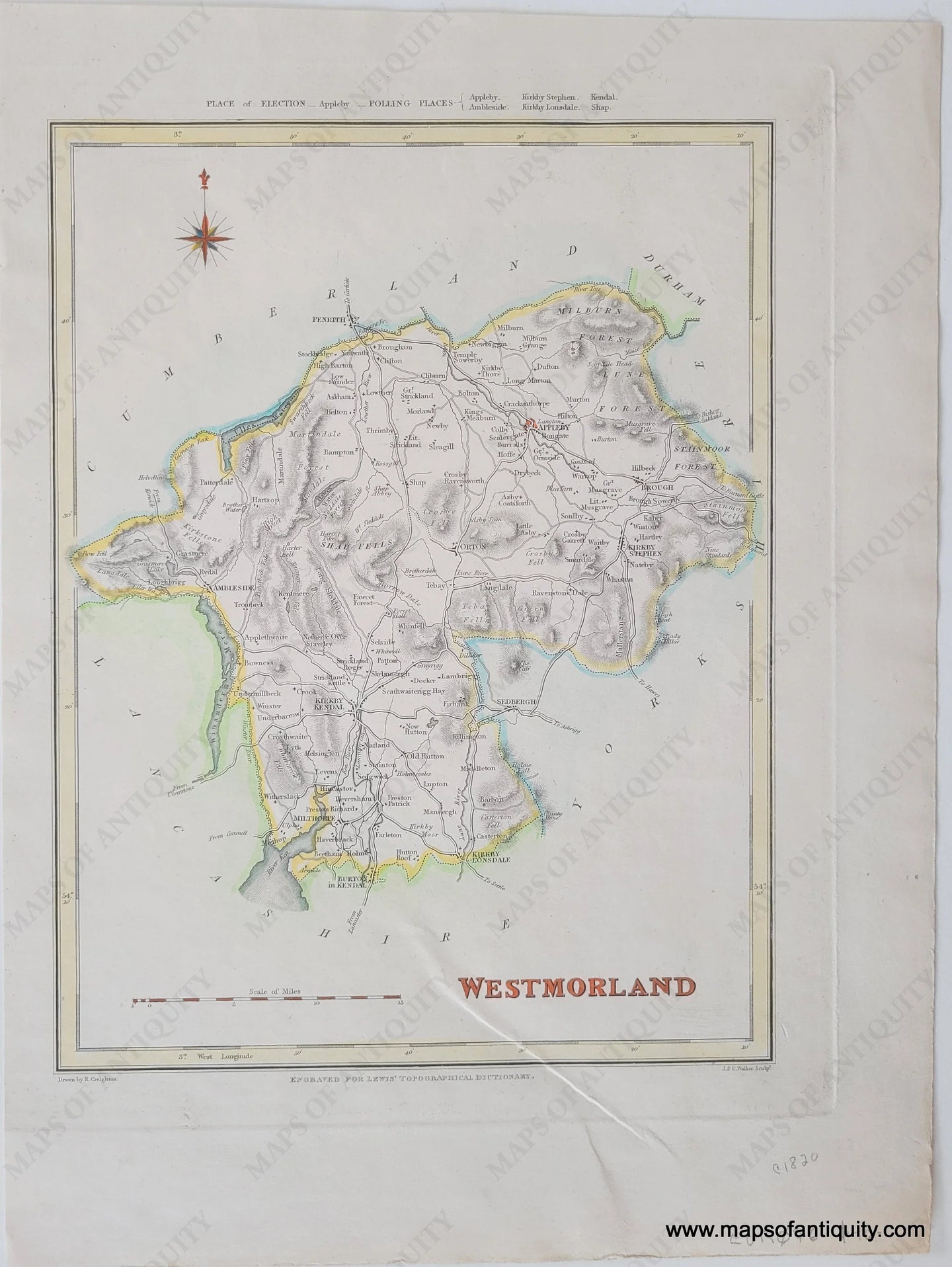 1820 - Westmoreland Antique Map Genuine Hand-Colored