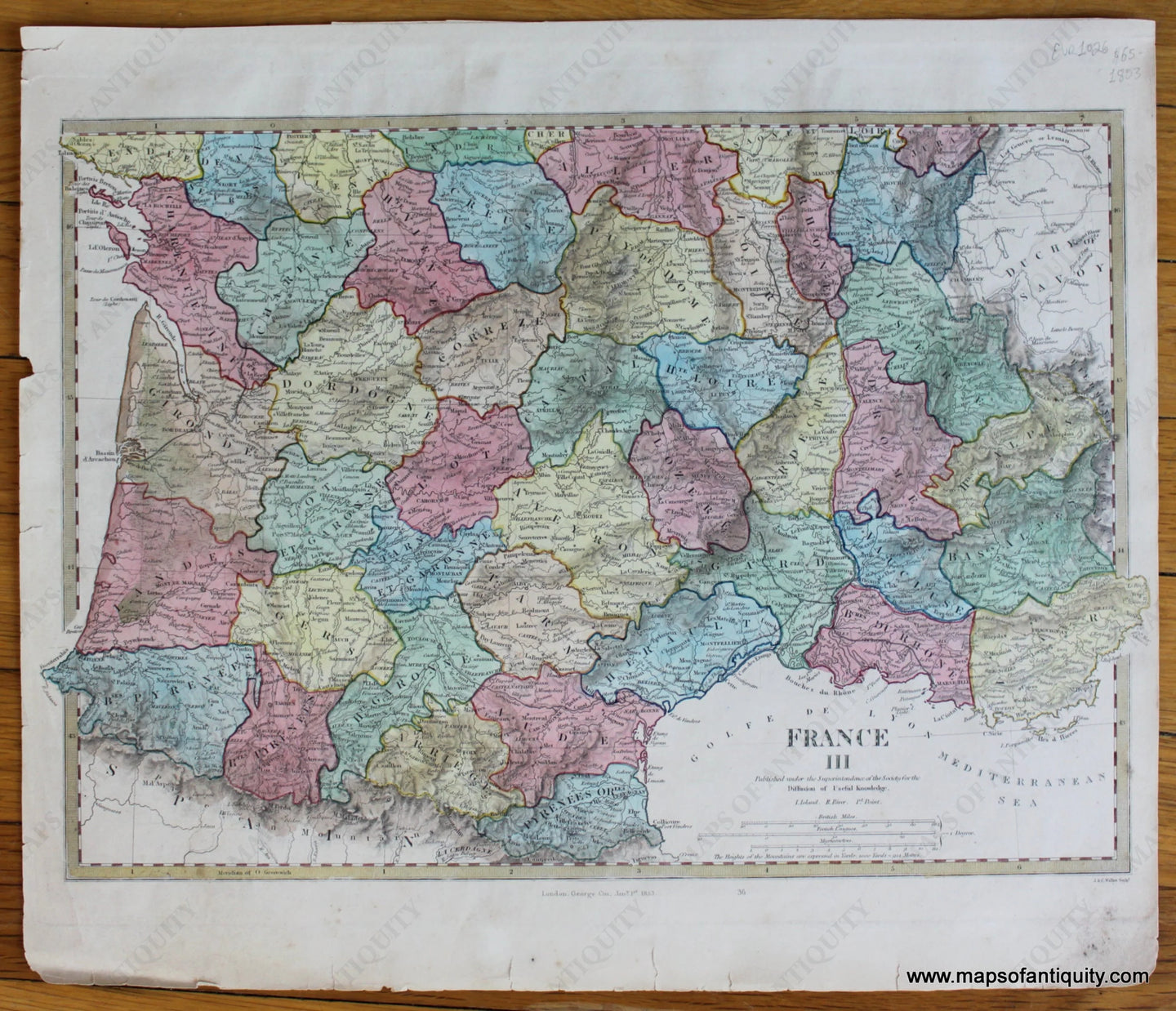 Antique-Hand-Colored-Map-France-III-Europe-France-1853-SDUK/-Society-for-the-Diffusion-of-Useful-Knowledge-Maps-Of-Antiquity