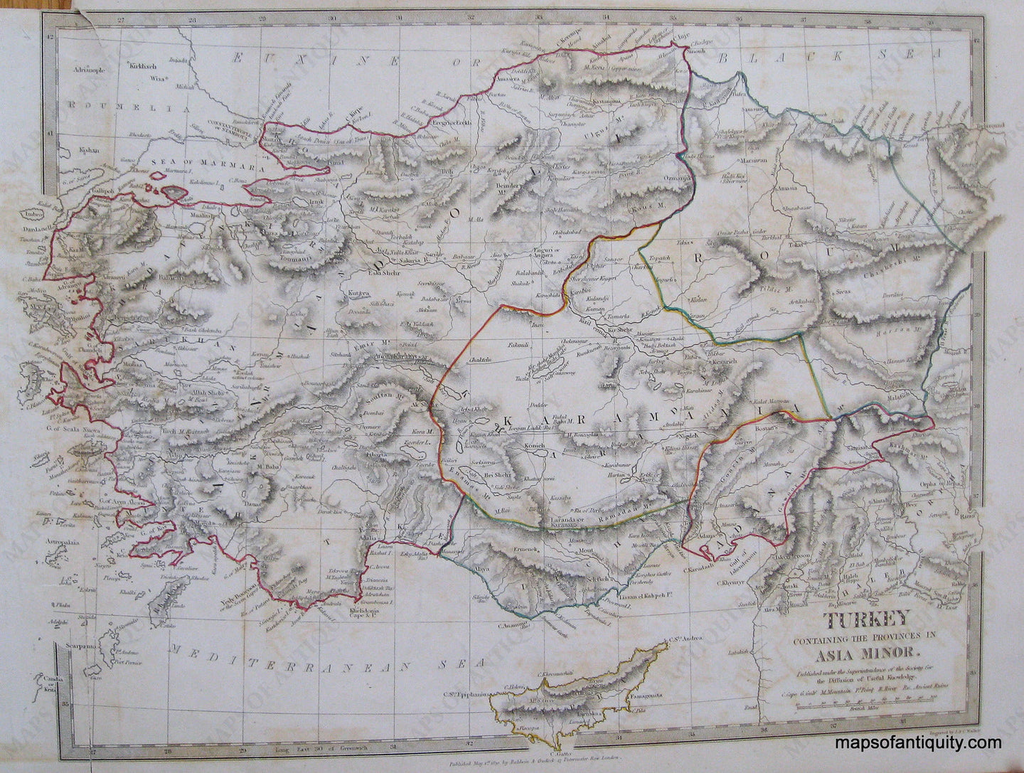 Antique-Hand-Colored-Map-Turkey-Containing-the-Provinces-in-Asia-Minor-Europe-Turkey-1830-SDUK/-Society-for-the-Diffusion-of-Useful-Knowledge-Maps-Of-Antiquity