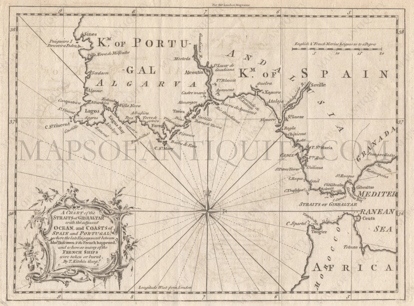 Black-and-white-antique-map-A-Chart-of-the-Straits-of-Gibraltar-**********-Europe-Western-Europe-1759-Thomas-Kitchin-Maps-Of-Antiquity