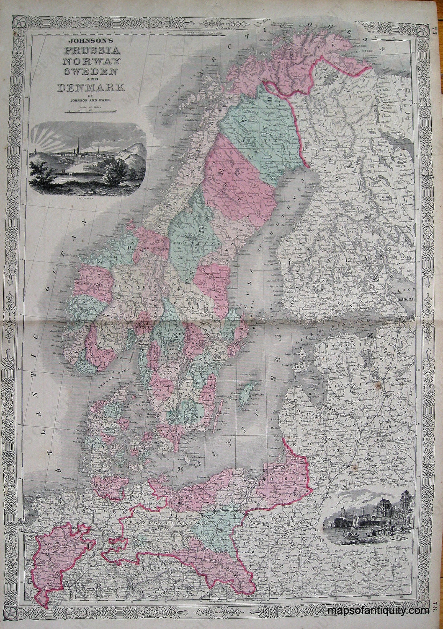 Antique-Hand-Colored-Map-Johnson's-Prussia-Norway-Sweden-and-Denmark-Europe-Sweden-1864-Johnson-and-Ward-Maps-Of-Antiquity