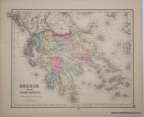 Antique map of Greece in 1854 with original hand-coloring in tones of yellow, orange, green. Greece only goes as far north as Mt Othrys