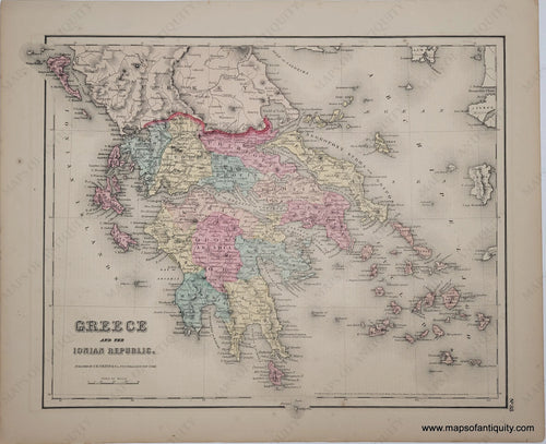 Antique map of Greece in 1854 with original hand-coloring in tones of yellow, orange, green. Greece only goes as far north as Mt Othrys