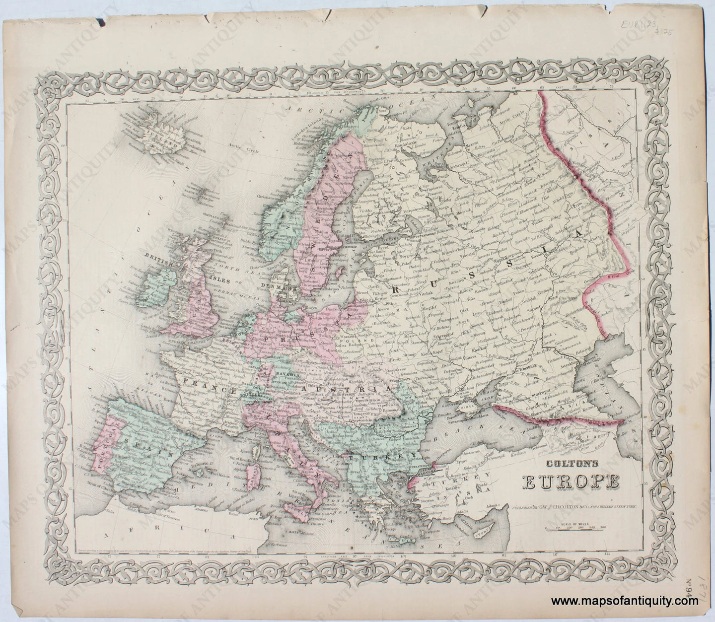 Antique-Hand-Colored-Map-Colton's-Europe--Europe-General--1871-Colton-Maps-Of-Antiquity