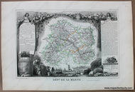 Antique map of the Marne department of France which is the northern part of the Champagne region, by Levasseur, with handsome engraved illustrations surrounding the map including scenes of wine production.