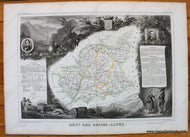 Antique map of the Alpes-de-Haute-Provence Department of France featuring a map with line coloring at the center surrounded by gorgeous illustrations of notable animals, industries, and people of the region along with some information and statistics. It has a sophisticated aesthetic.
