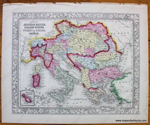 Antique-Hand-Colored-Map-Map-of-the-Austrian-Empire-Italian-States-Turkey-in-Europe-and-Greece-with-inset-of-the-Maltese-Islands.--Europe-Europe-General-1860-Mitchell-Maps-Of-Antiquity